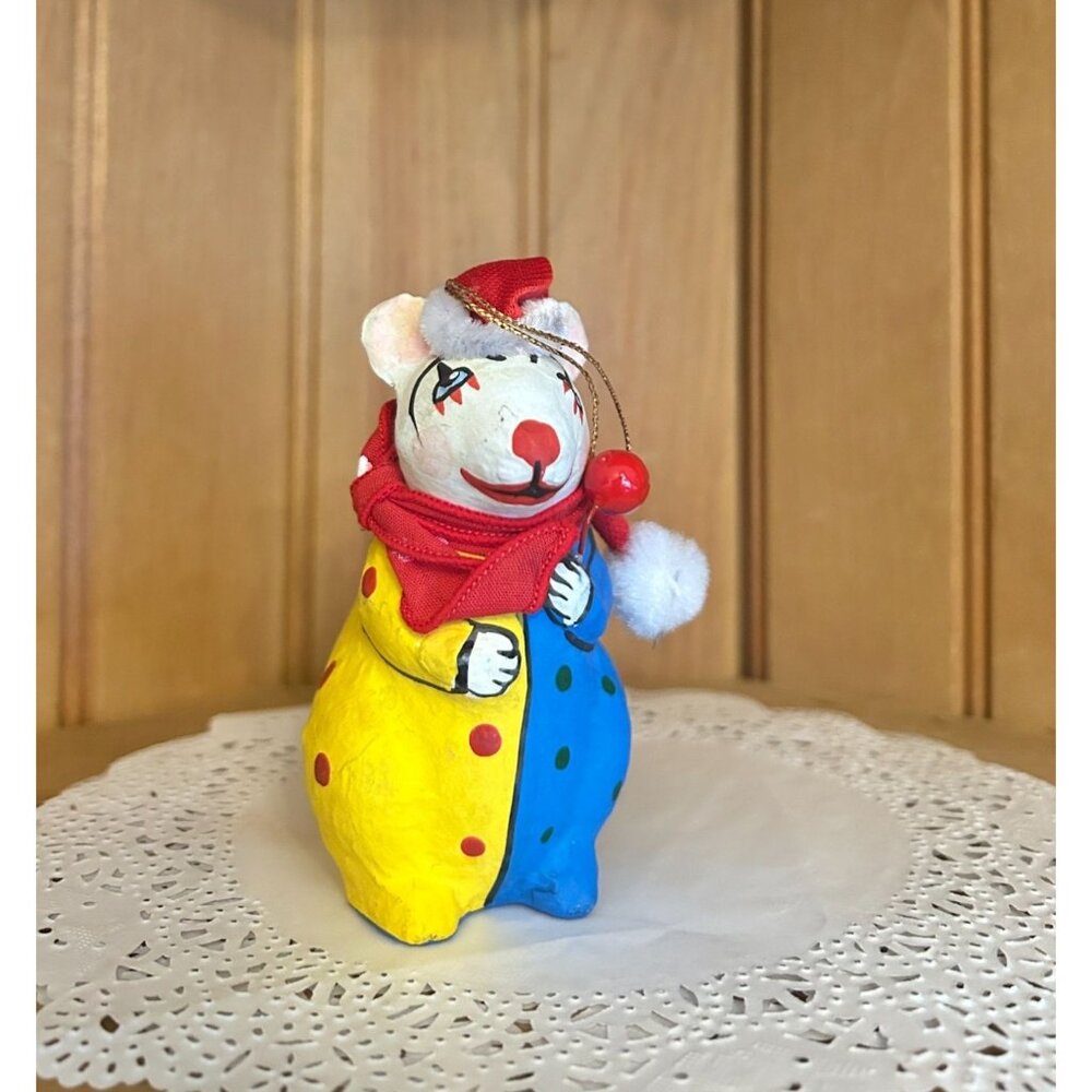 Paper Mache Hand-Painted Clown Mouse Christmas Ornament Mexican Folk Art